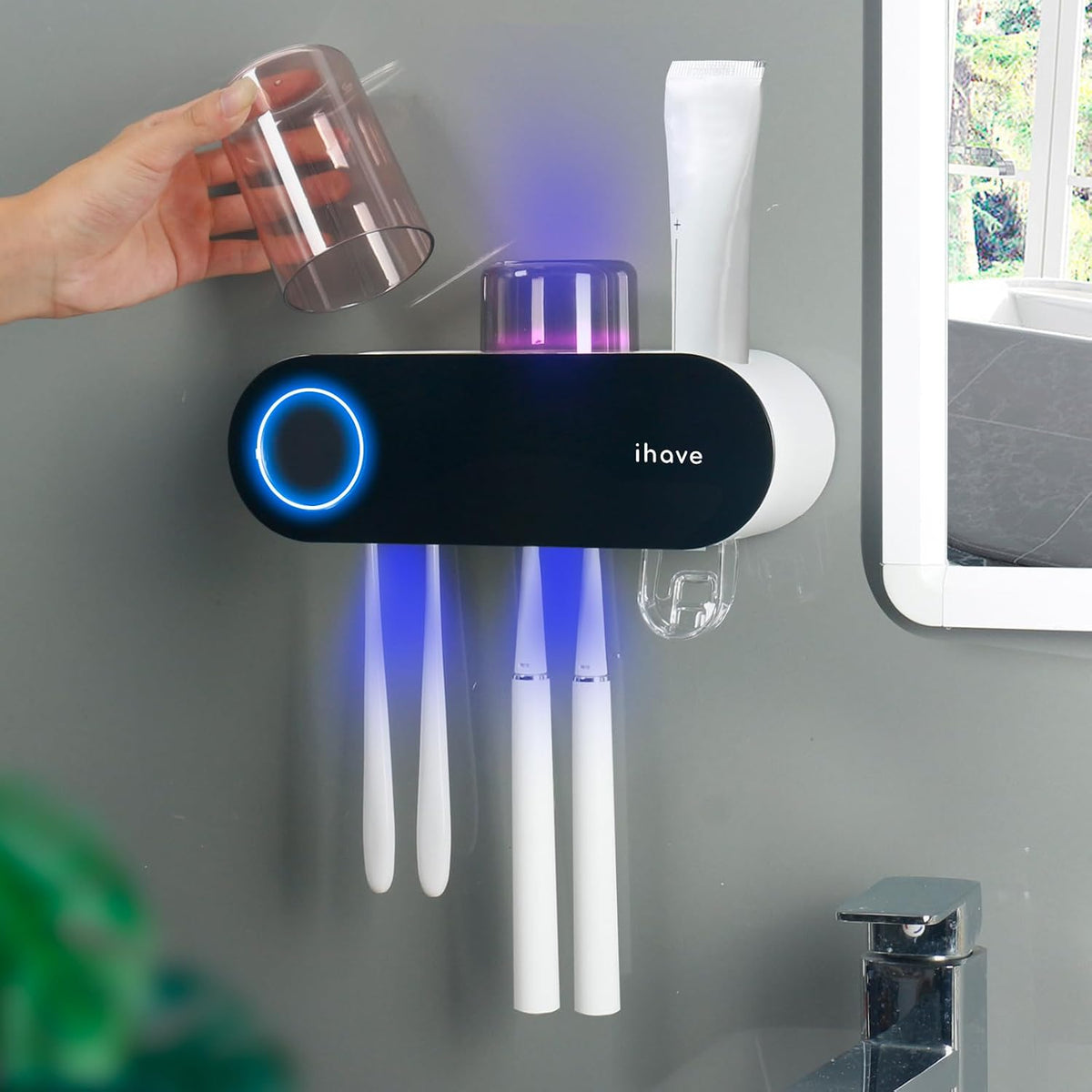 UV Toothbrush Sanitizer Holder Wall Mount Toothpaste Dispenser, 2-Cup