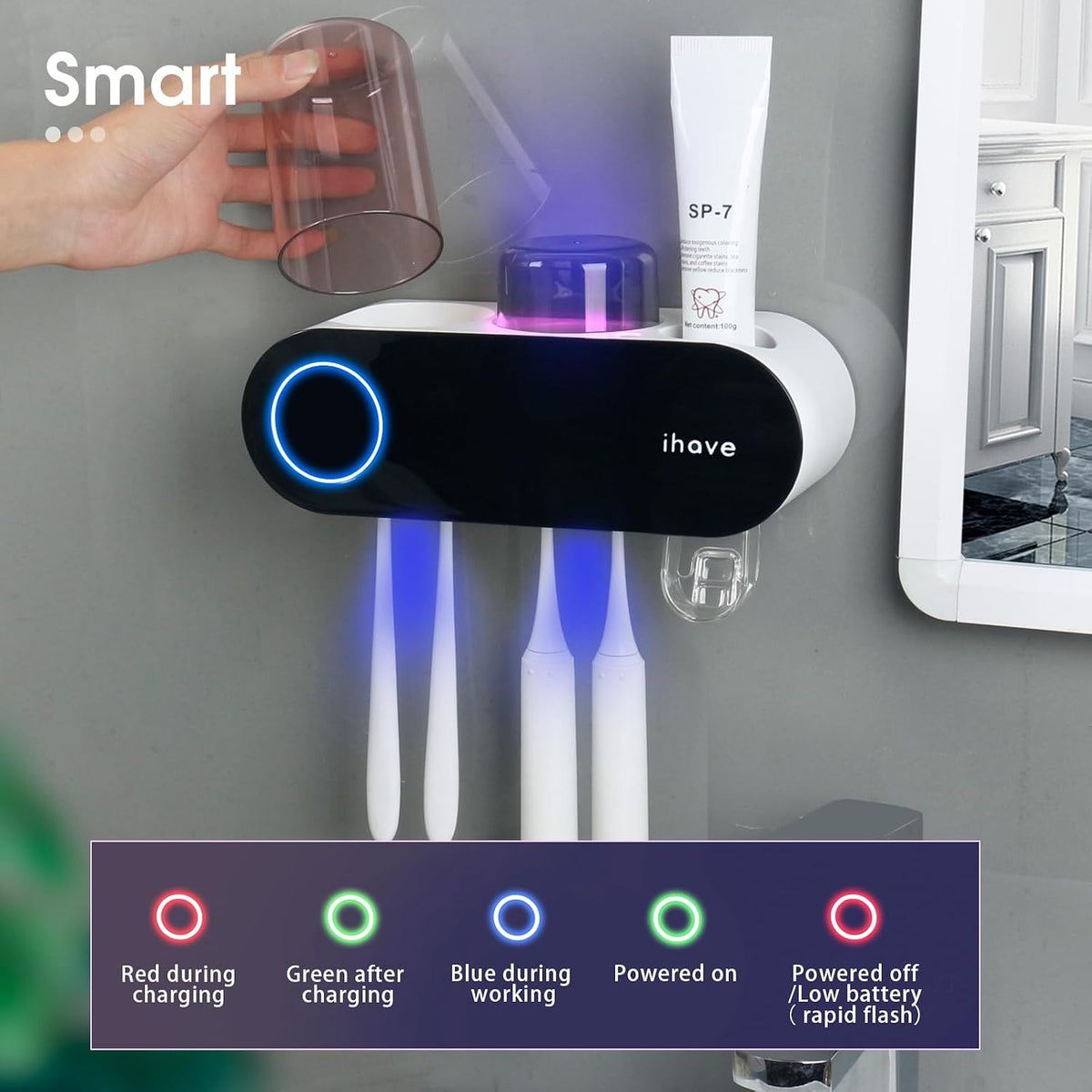 UV Toothbrush Sanitizer Holder Wall Mount Toothpaste Dispenser, 2-Cup