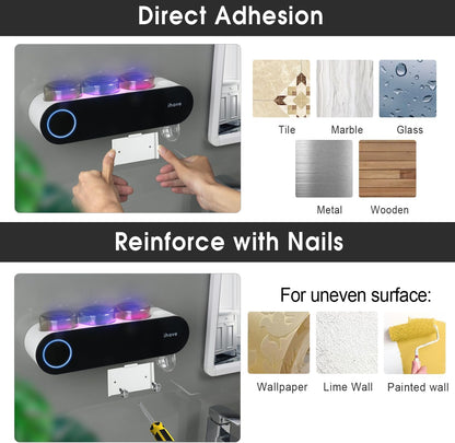 UV Toothbrush Sanitizer Holder Wall Mount Toothpaste Dispenser, 3-Cup