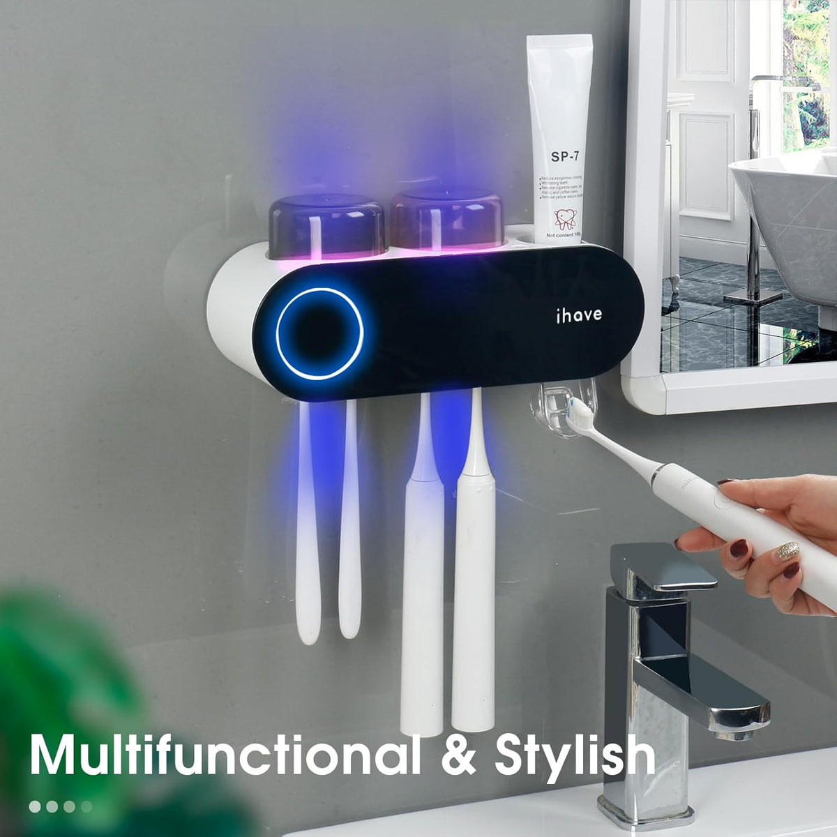 UV Toothbrush Sanitizer Holder Wall Mount Toothpaste Dispenser, 2-Cup