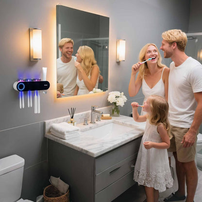 UV Toothbrush Sanitizer Holder Wall Mount Toothpaste Dispenser, 3-Cup