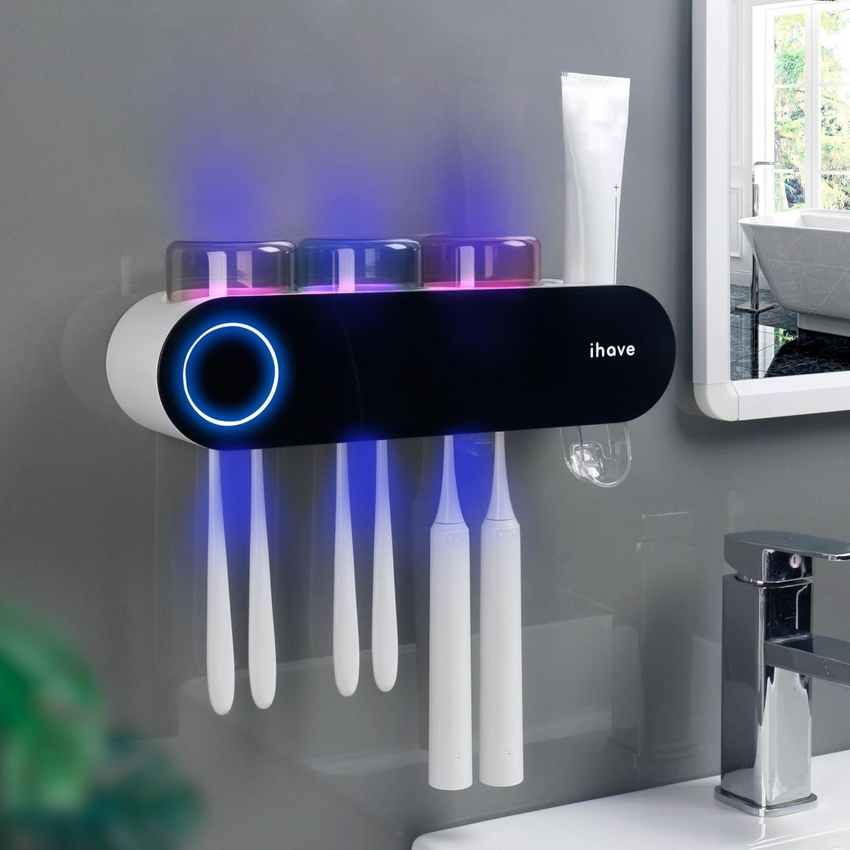 UV Toothbrush Sanitizer Holder Wall Mount Toothpaste Dispenser, 3-Cup