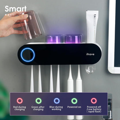 UV Toothbrush Sanitizer Holder Wall Mount Toothpaste Dispenser, 3-Cup