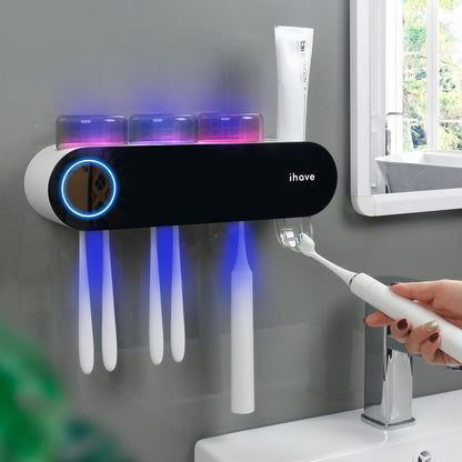 UV Toothbrush Sanitizer Holder Wall Mount Toothpaste Dispenser, 3-Cup